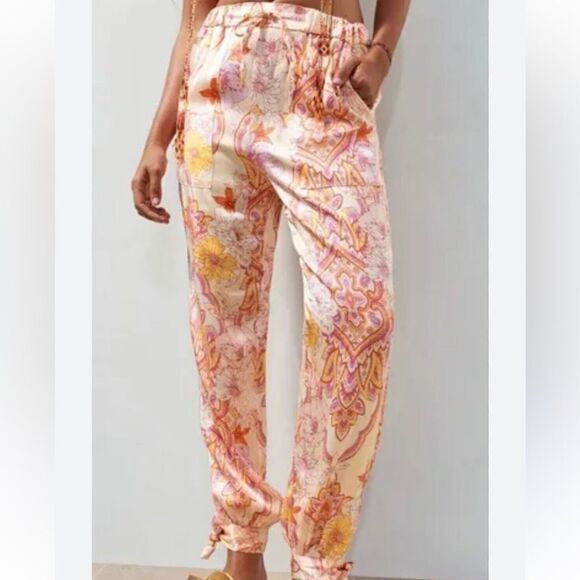 Zara Pants Sarah Satin Effect Paisley Pockets Tie Hem Jogger Women’s Small - Picture 1 of 5